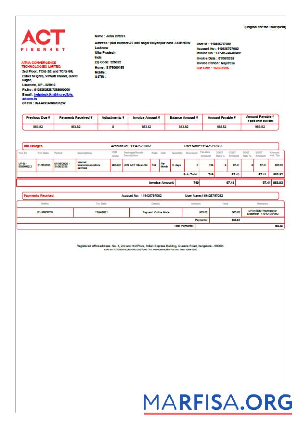 Printable India ACT Fibernet utility bill template in Word and PDF formats